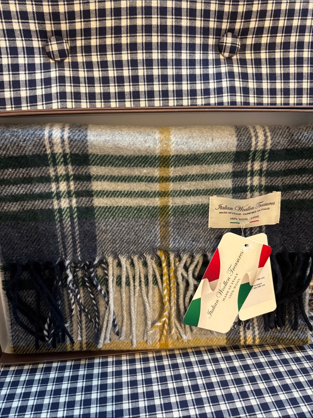 Italian Wool Plaid Scarf in Grey, Green & Yellow